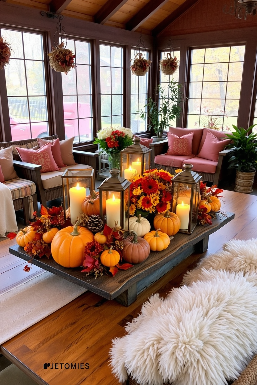 A harvest-themed table centerpiece features a rustic wooden table adorned with a vibrant array of pumpkins, gourds, and seasonal flowers. Soft golden candlelight flickers from decorative lanterns, creating a warm and inviting atmosphere. The fall sunroom is filled with cozy seating arrangements in rich autumn colors, complemented by plush throw blankets and pillows. Large windows allow natural light to flood in, showcasing the beautiful fall foliage outside while potted plants add a touch of greenery.