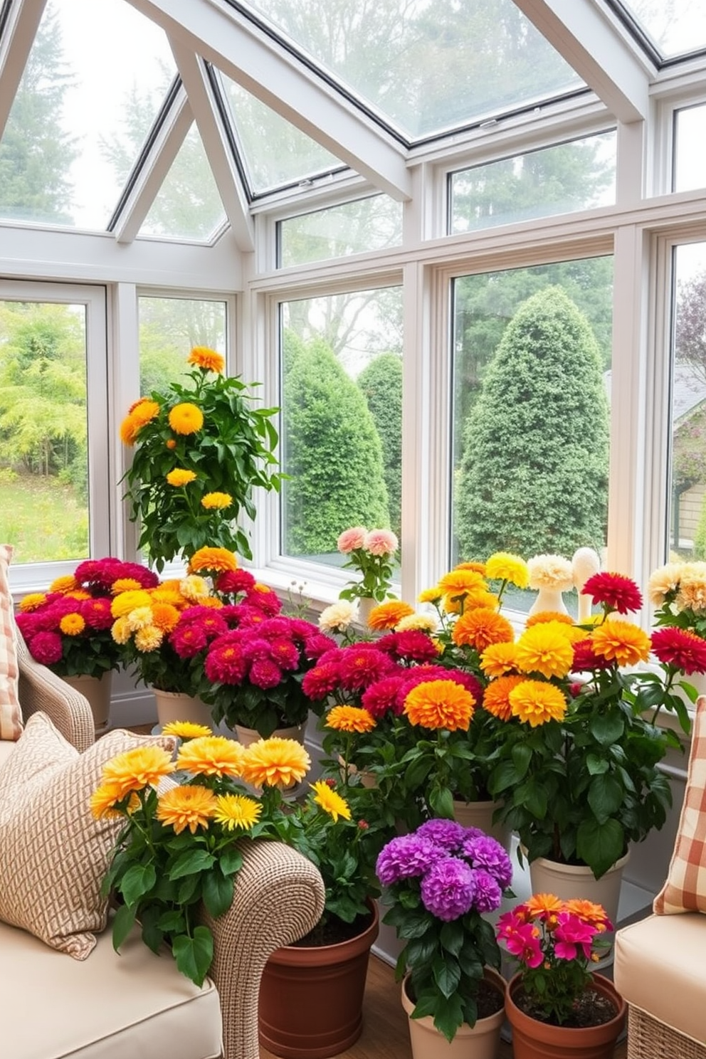 A sunroom filled with natural light, showcasing an array of potted mums in vibrant colors. The warm hues of the flowers contrast beautifully with the soft neutral tones of the surrounding furniture and decor.