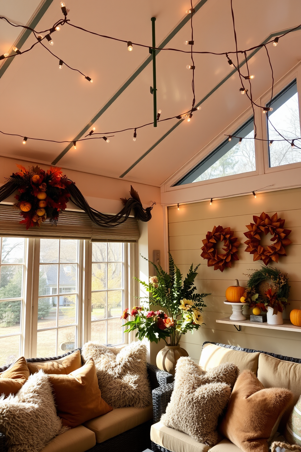 A cozy sunroom filled with natural light. String lights are draped across the ceiling, casting a warm glow over comfortable seating arrangements. The walls are adorned with seasonal decorations featuring autumn leaves and pumpkins. Plush cushions in warm tones invite relaxation and create a welcoming atmosphere.