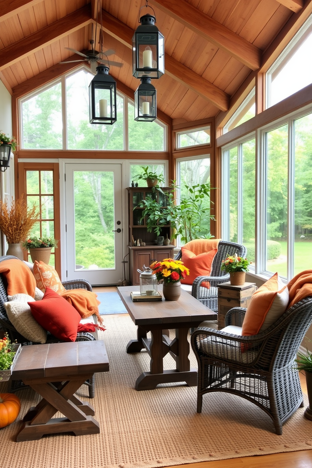 A cozy sunroom filled with natural light and vintage lanterns hanging from the wooden beams. The space features a mix of rustic furniture, including a reclaimed wood table and comfortable wicker chairs adorned with soft cushions. Rich autumn hues of orange and gold are incorporated through decorative throws and seasonal plants. The floor is covered with a woven jute rug, adding warmth and texture to the inviting atmosphere.