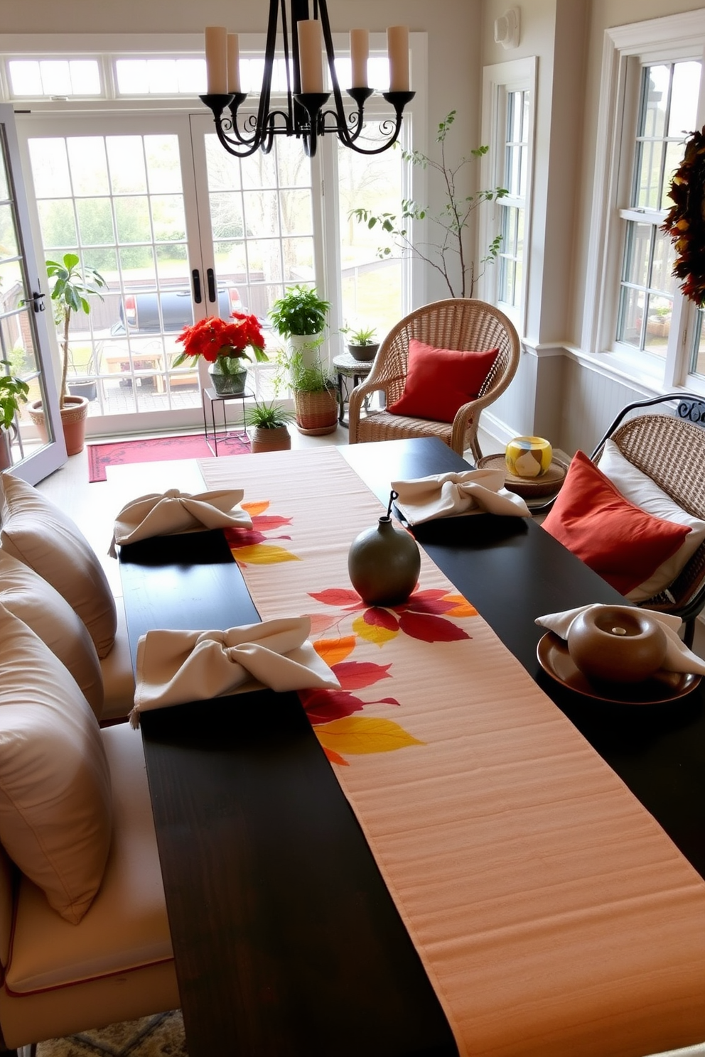 A cozy sunroom filled with natural light. The space features large windows adorned with sheer white curtains, allowing the warm sunlight to filter through. In the center, a rustic wooden table is surrounded by comfortable wicker chairs. Potted mums in vibrant fall colors are placed on the table and along the window sills, adding a seasonal touch to the decor.