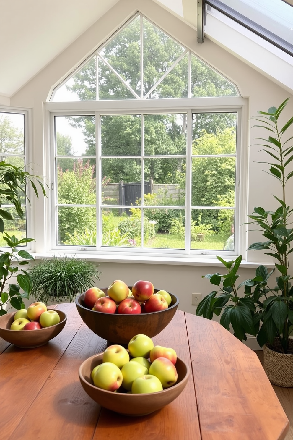 A sunroom filled with natural light features a large window overlooking a vibrant garden. On a rustic wooden table, there are decorative bowls filled with crisp red and green apples, adding a pop of color to the serene space. The walls are painted in soft cream tones, creating a warm and inviting atmosphere. Lush green plants are placed in the corners, enhancing the fresh and airy feel of the sunroom.