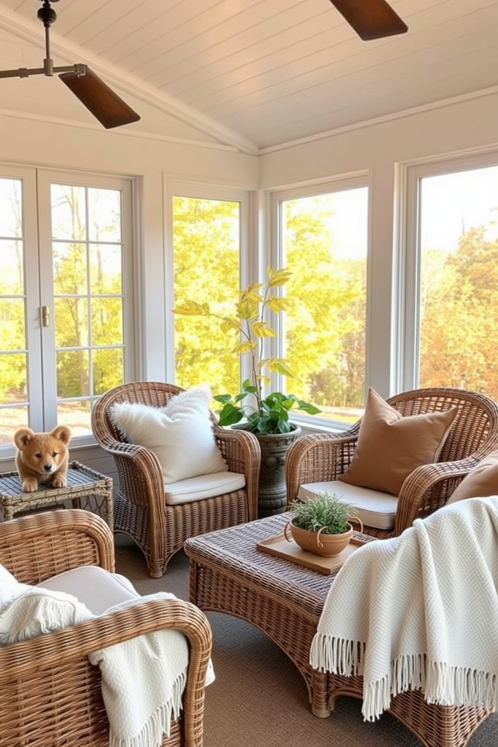 Charming wicker chairs are arranged around a rustic wooden table in a sun-drenched fall sunroom. The warm hues of autumn leaves filter through large windows, creating a cozy atmosphere filled with soft throw pillows and a knitted blanket draped over the chairs.