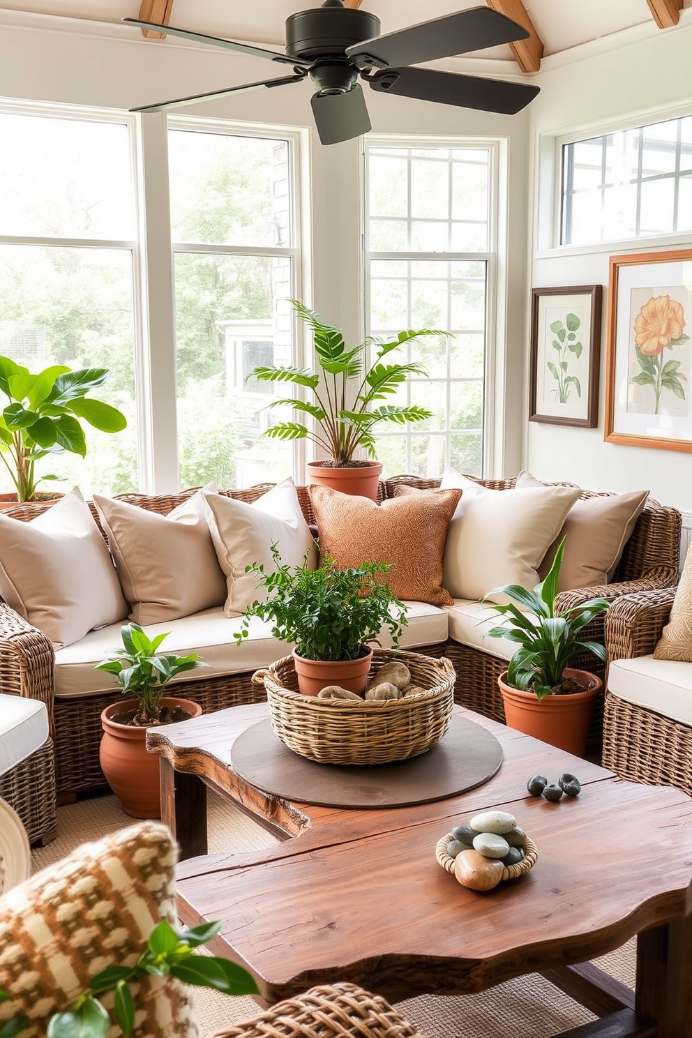 A cozy dining table adorned with an autumn-themed table runner featuring rich oranges and deep reds. Surrounding the table are elegant wooden chairs with soft cushions, complemented by small pumpkins and candles for a warm ambiance. A sunroom decorated for fall with large windows allowing natural light to flood in. Plush seating is arranged around a coffee table, adorned with seasonal decor like colorful leaves and cozy throws in earthy tones.