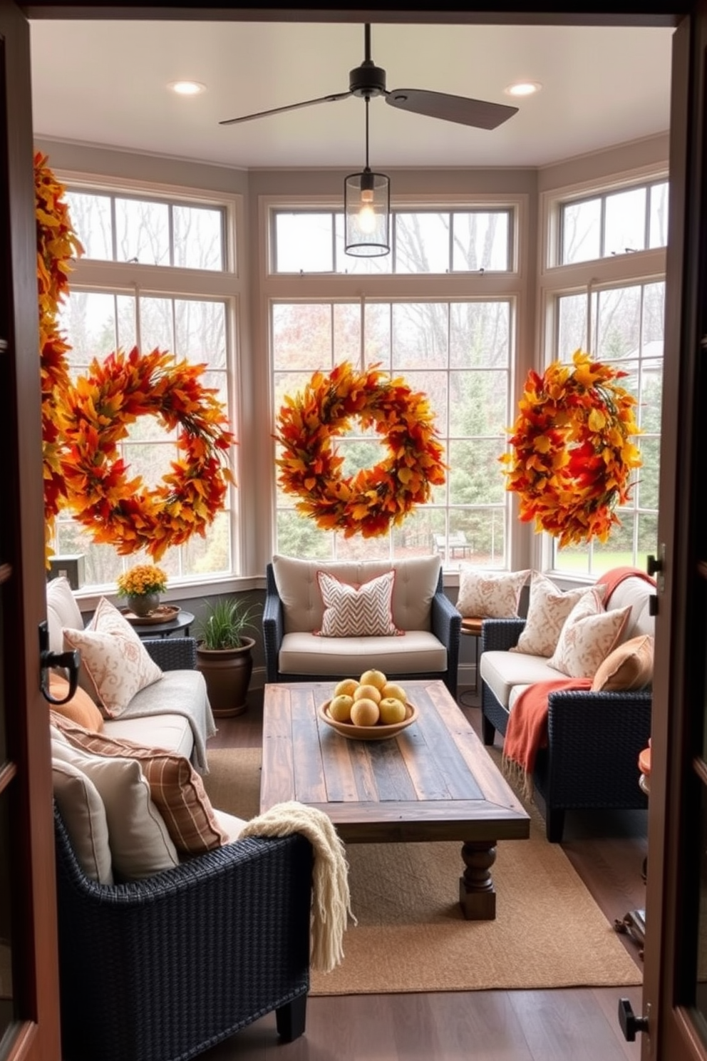 A cozy sunroom adorned with seasonal wreaths on the doors and windows. The wreaths are made of vibrant fall foliage, featuring shades of orange, red, and yellow, creating a warm and inviting atmosphere. In the sunroom, plush seating is arranged around a rustic wooden coffee table. Soft throw blankets and decorative pillows in autumn hues enhance the comfort and charm of the space.