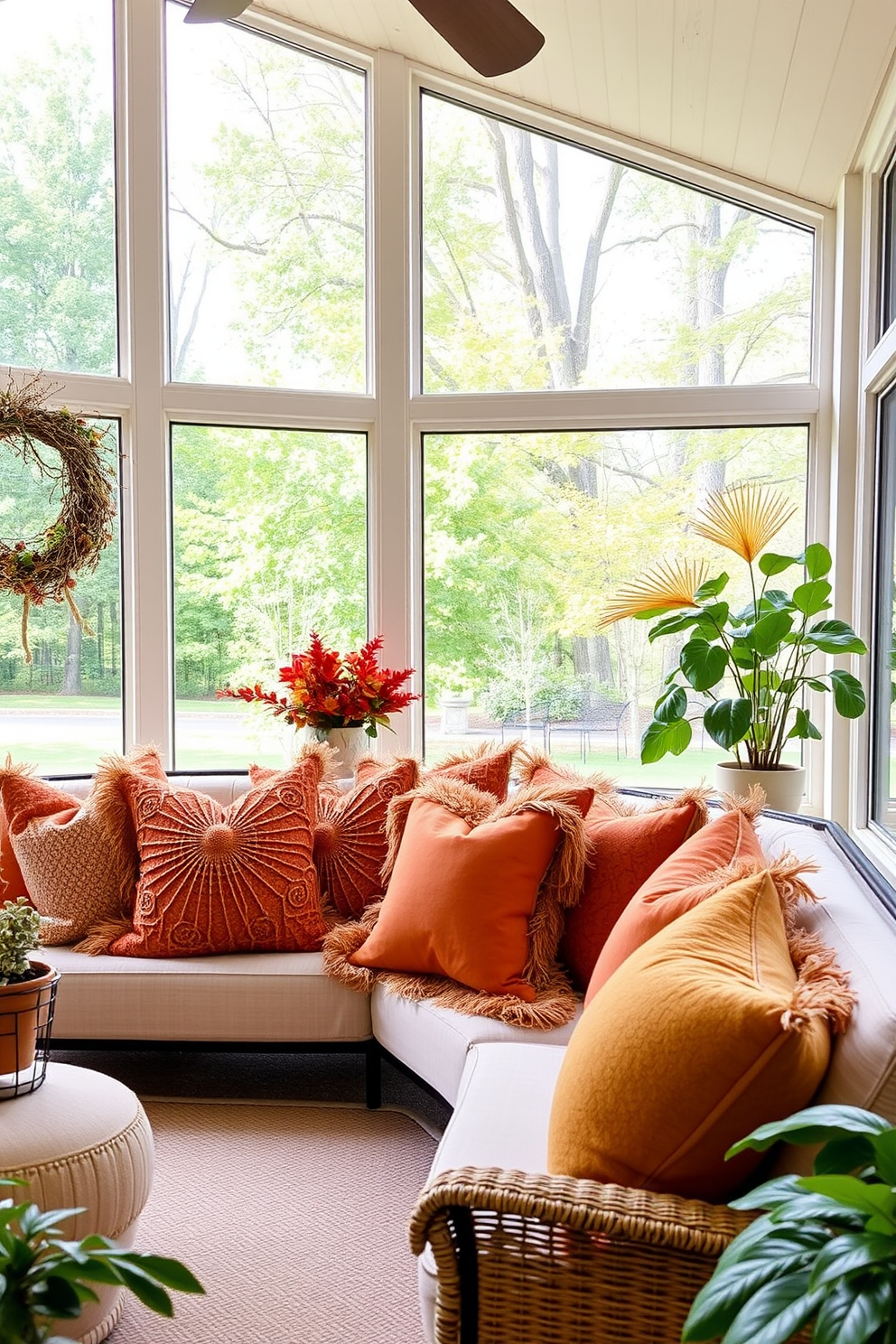 A cozy sunroom adorned with warm autumn-colored throw pillows in shades of orange, rust, and mustard. The space features large windows that allow natural light to flood in, creating an inviting atmosphere perfect for relaxation.