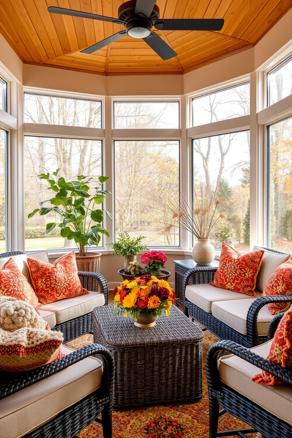 A bright sunroom filled with natural light. Soft sheer curtains gently filter the sunlight, creating a warm and inviting atmosphere. The space features a cozy seating area with plush cushions and a light-colored sofa. Potted plants are strategically placed to enhance the connection to nature and add a vibrant touch.