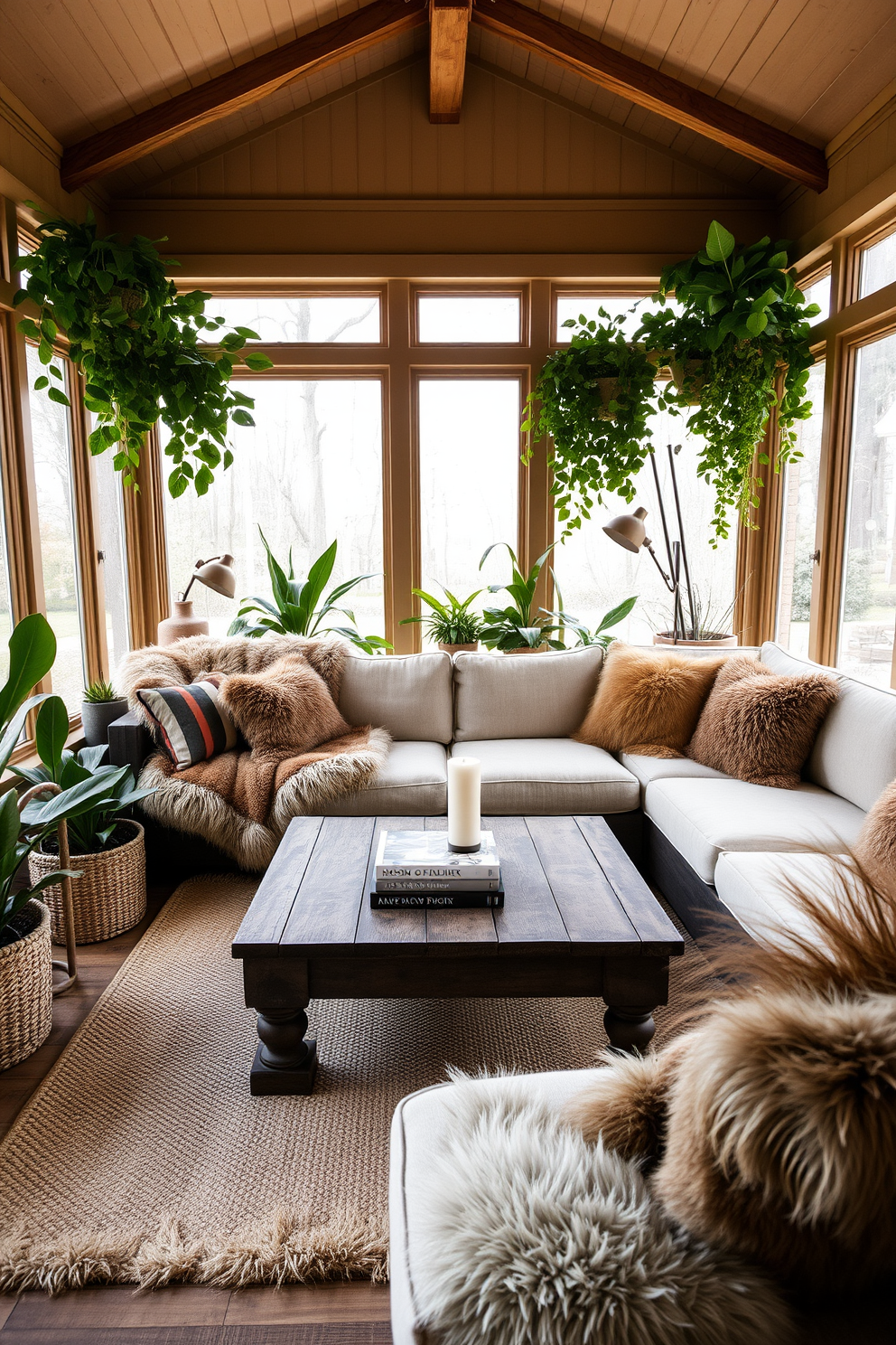 A cozy sunroom adorned with faux fur throws draped over a plush sectional sofa. Large windows allow natural light to flood the space, highlighting a mix of green plants and warm wooden accents. A rustic coffee table sits in the center, topped with a stack of design books and a scented candle. Soft throw pillows in earthy tones complement the faux fur, creating an inviting atmosphere perfect for relaxation.