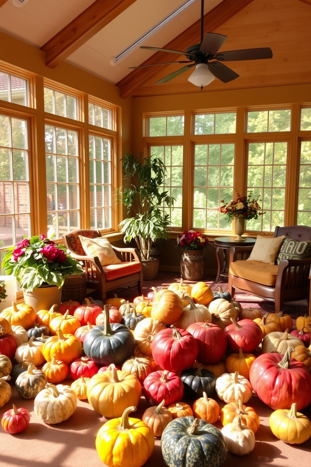 Colorful gourds are artfully scattered across a sunlit sunroom, creating a vibrant autumn atmosphere. The sunroom features large windows that allow natural light to flood in, highlighting the rich hues of the gourds against a backdrop of warm wooden furniture.