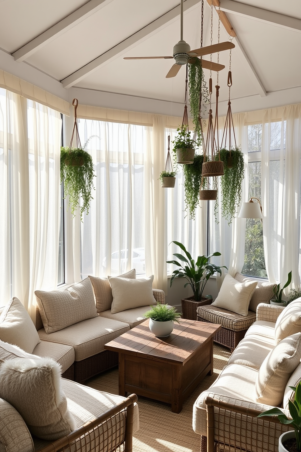 A cozy sunroom filled with natural light. The space features large windows adorned with light sheer curtains, allowing the sun to filter through. In one corner, a collection of hanging plants cascades down from wooden ceiling hooks, adding a fresh touch to the decor. Soft, plush seating is arranged around a rustic wooden coffee table, creating an inviting atmosphere for relaxation.