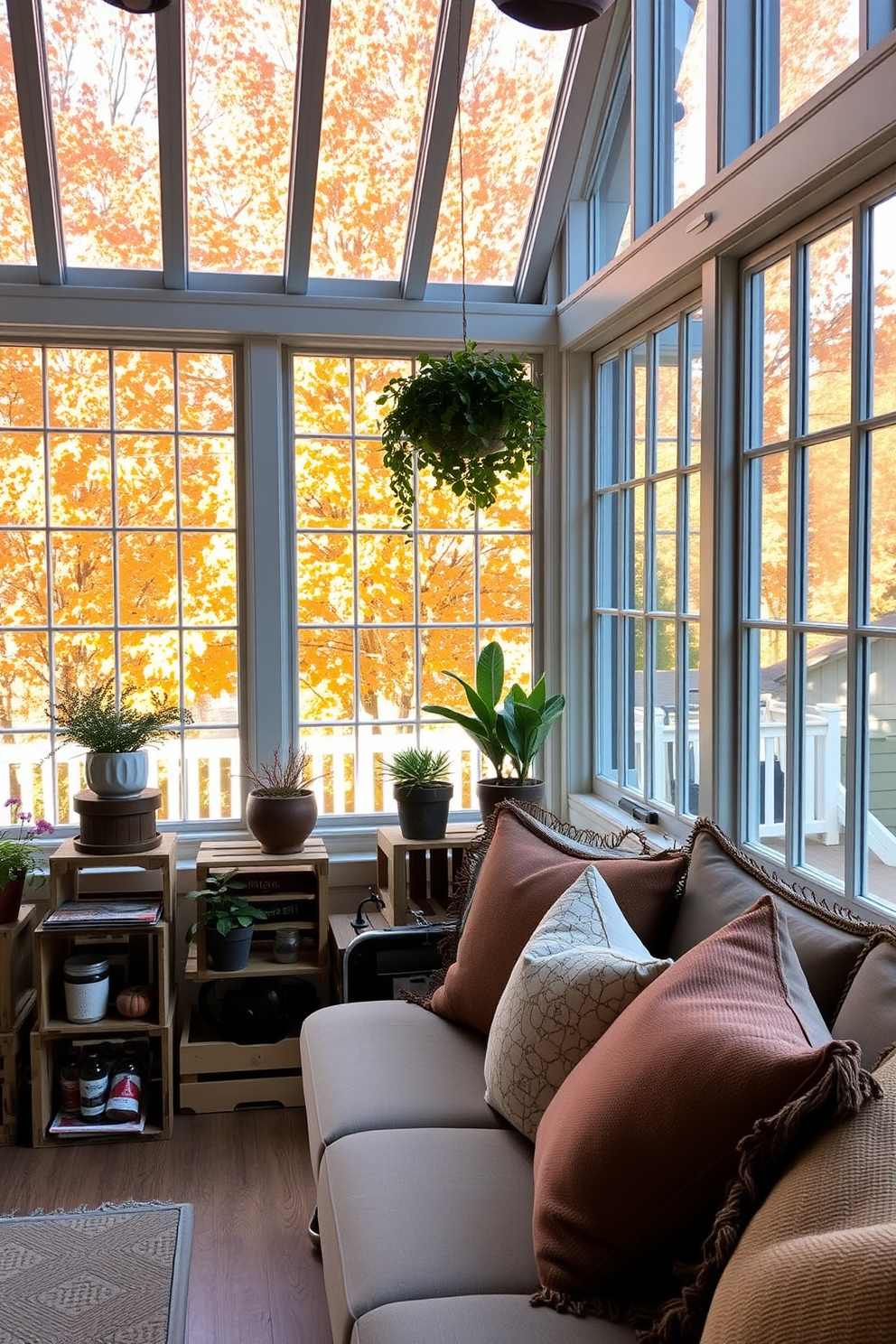 A cozy sunroom filled with natural light. Glass jars filled with acorns and pinecones are artfully arranged on a rustic wooden table. Soft, warm-toned cushions adorn a comfortable seating area nearby. The walls are painted in a light cream color, enhancing the inviting atmosphere of the space.