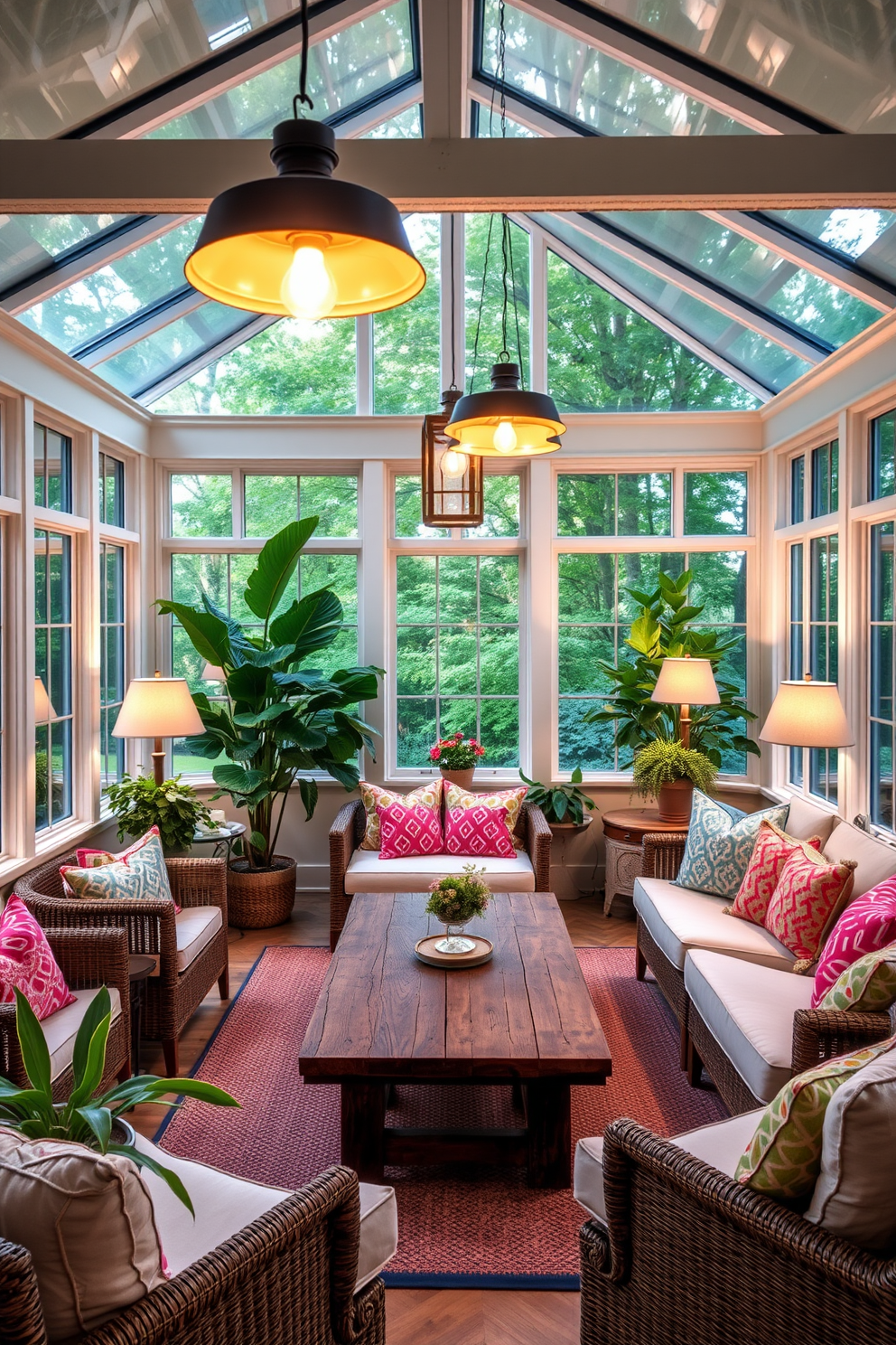 A sunroom filled with natural light and layered lighting options creates a warm and inviting atmosphere. Soft pendant lights hang from the ceiling alongside strategically placed floor lamps, casting a gentle glow throughout the space. The room features a mix of comfortable seating with plush cushions and a rustic wooden coffee table at the center. Lush greenery and colorful throw pillows add vibrant accents to the space, making it perfect for cozy evenings.