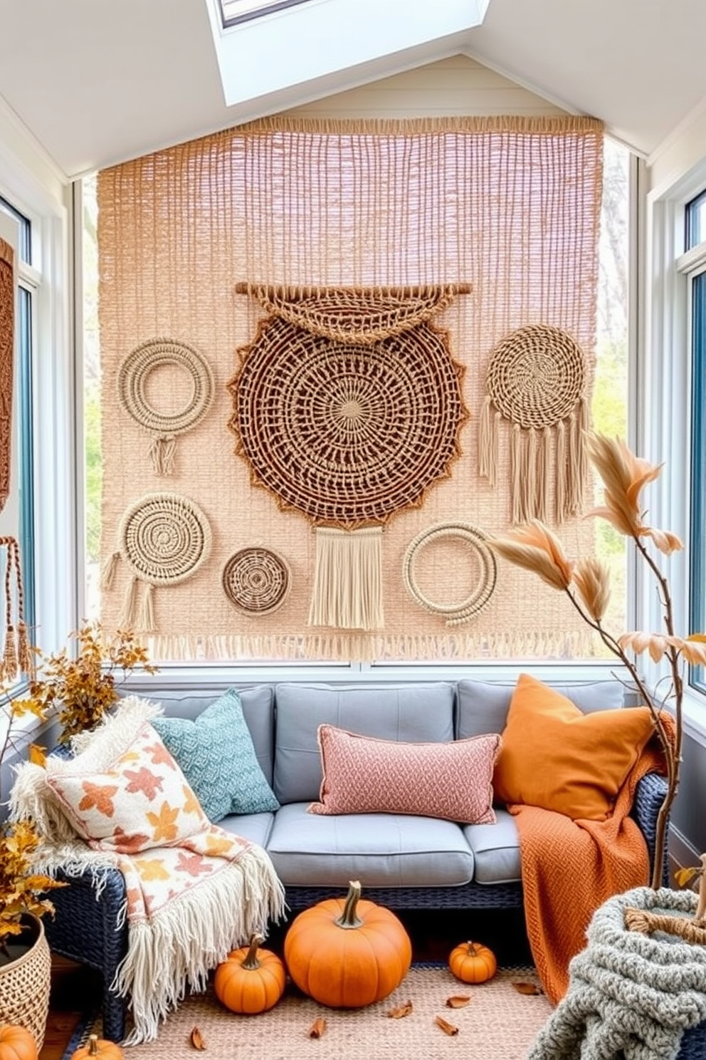 Create a sunroom filled with natural light and warmth. The walls are adorned with warm-toned wall art featuring inspirational quotes in elegant typography. Include comfortable seating arrangements with plush cushions in earthy tones. Add greenery with potted plants and a cozy rug to enhance the inviting atmosphere.