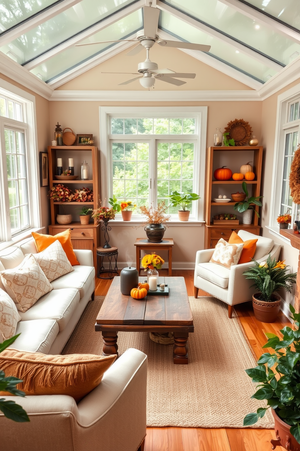 A cozy sunroom filled with natural light. Soft, warm colors dominate the decor, with plush seating arranged around a rustic wooden coffee table. Essential oil diffusers are strategically placed on shelves, releasing seasonal scents like cinnamon and pumpkin spice. Surrounding the space are potted plants and autumn-themed decorations, creating a welcoming atmosphere.