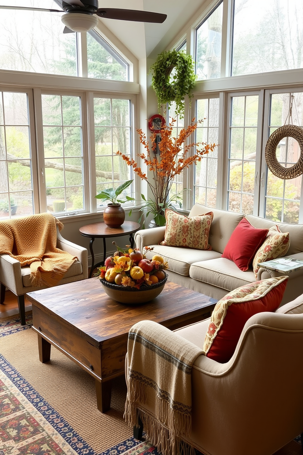 A cozy sunroom filled with a mix of vintage and modern decor. A plush mid-century modern sofa is paired with a rustic wooden coffee table adorned with a vibrant autumn centerpiece. Large windows allow natural light to flood the space, highlighting the warm tones of the vintage armchairs. Soft throw blankets and pillows in rich fall colors add comfort and a seasonal touch.