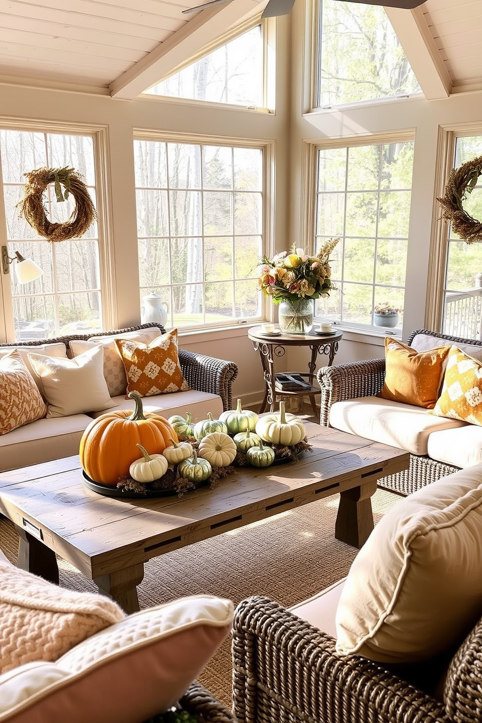 A cozy sunroom filled with natural light. In the center, a coffee table showcases an arrangement of pumpkin centerpieces in various sizes and colors, surrounded by warm, autumn-themed decor. The sunroom features large windows adorned with sheer curtains that gently diffuse the sunlight. Plush seating in earthy tones invites relaxation, complemented by soft throw blankets and seasonal accents.