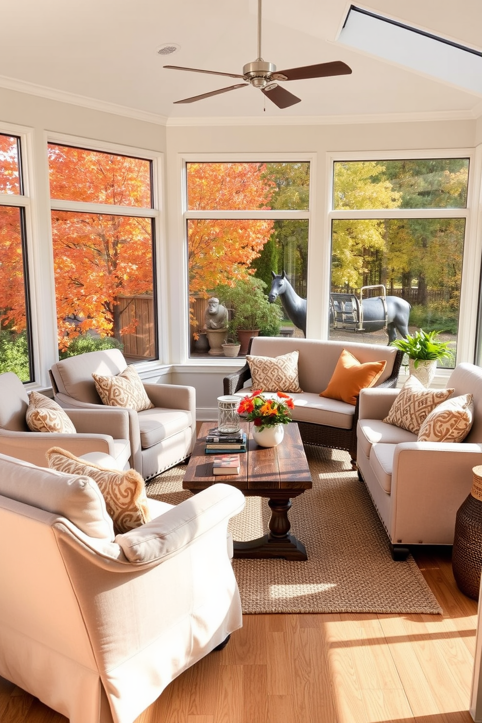 A sunroom filled with natural light, featuring layered textures that create a cozy atmosphere. Plush faux fur throws are draped over a comfortable sectional sofa, inviting relaxation and warmth. Large windows adorned with sheer curtains allow sunlight to filter in, illuminating the space. Potted plants in varying sizes add a touch of greenery, enhancing the serene ambiance of the sunroom.