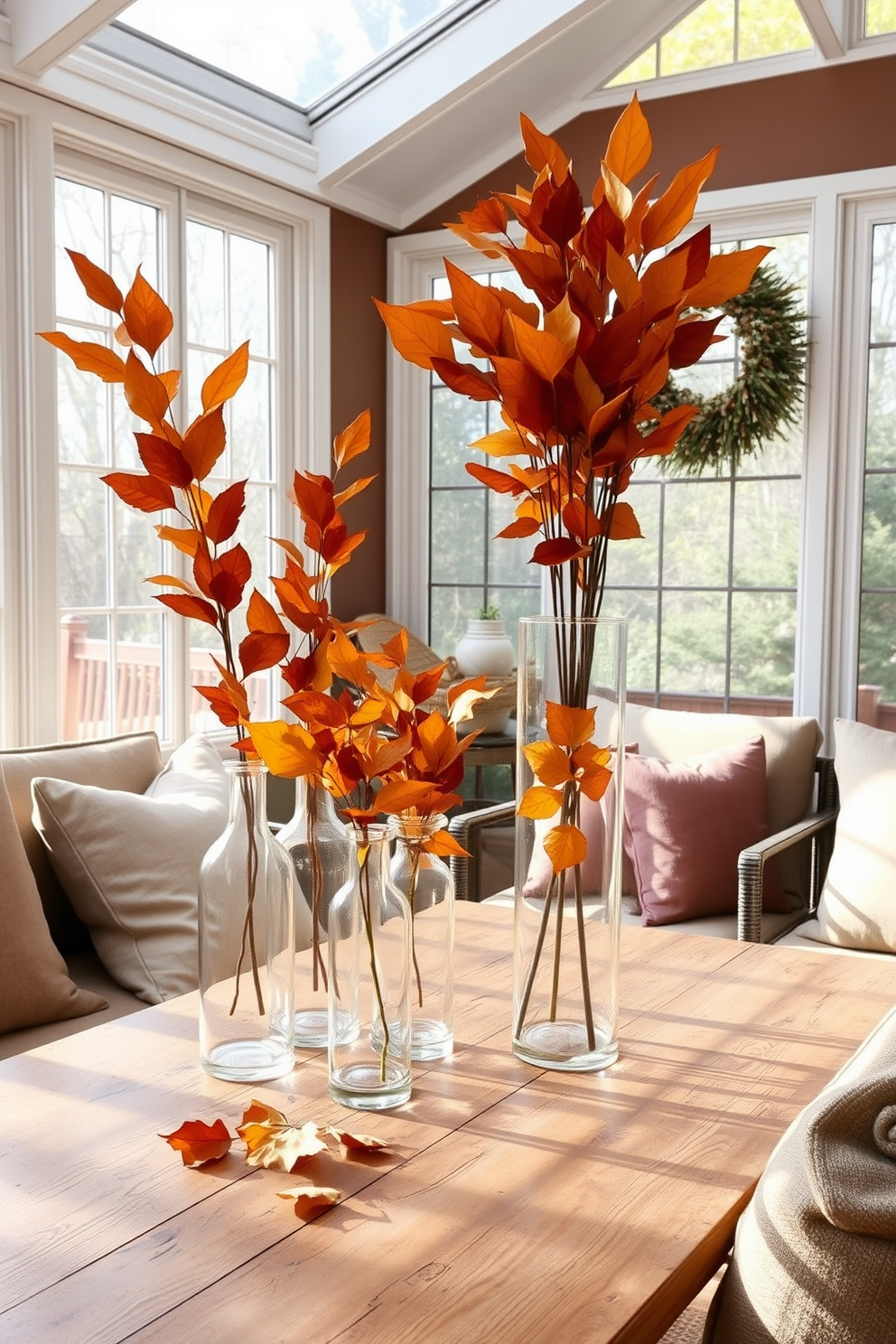 A cozy sunroom filled with natural light. There are several glass vases of varying heights displaying dried leaves in warm autumn hues. The vases are arranged on a rustic wooden table surrounded by comfortable seating. Soft throw pillows in earthy tones add a touch of warmth to the space.