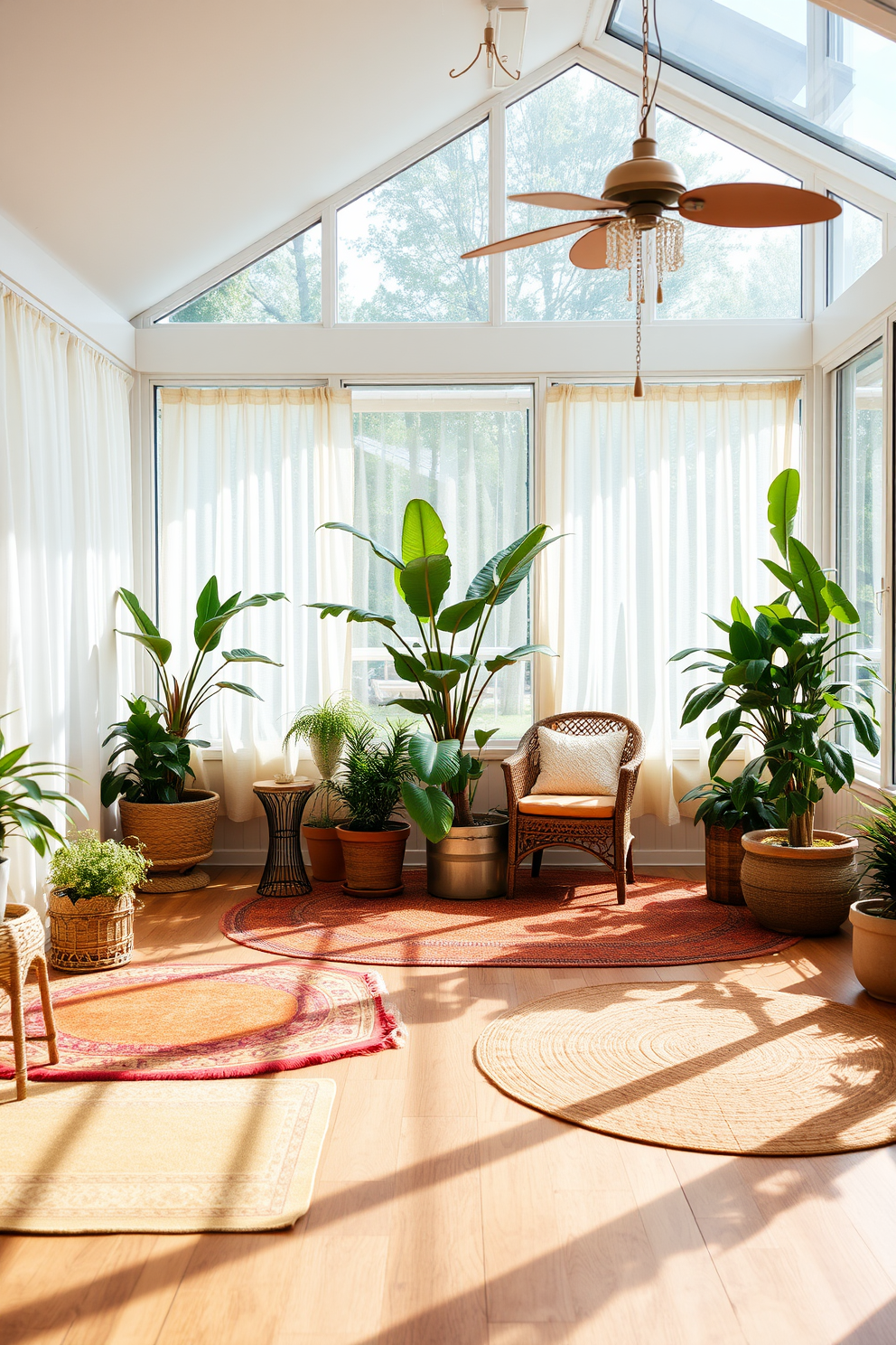 A cozy sunroom filled with natural light. The floor is adorned with layered rugs in warm earth tones, creating a welcoming and inviting atmosphere. Large windows lined with sheer curtains allow soft sunlight to filter in. Potted plants and comfortable seating arrangements enhance the overall warmth and comfort of the space.