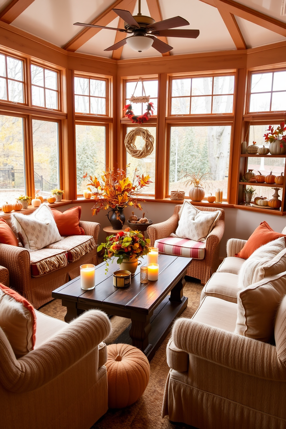 A cozy sunroom adorned with warm autumn hues. Soft, plush seating is arranged around a rustic wooden coffee table, surrounded by large windows allowing natural light to flood the space. Candles with fall scents are strategically placed on the table and window sills, creating a welcoming ambiance. Decorate the shelves with seasonal decorations like small pumpkins and colorful leaves to enhance the autumn feel.