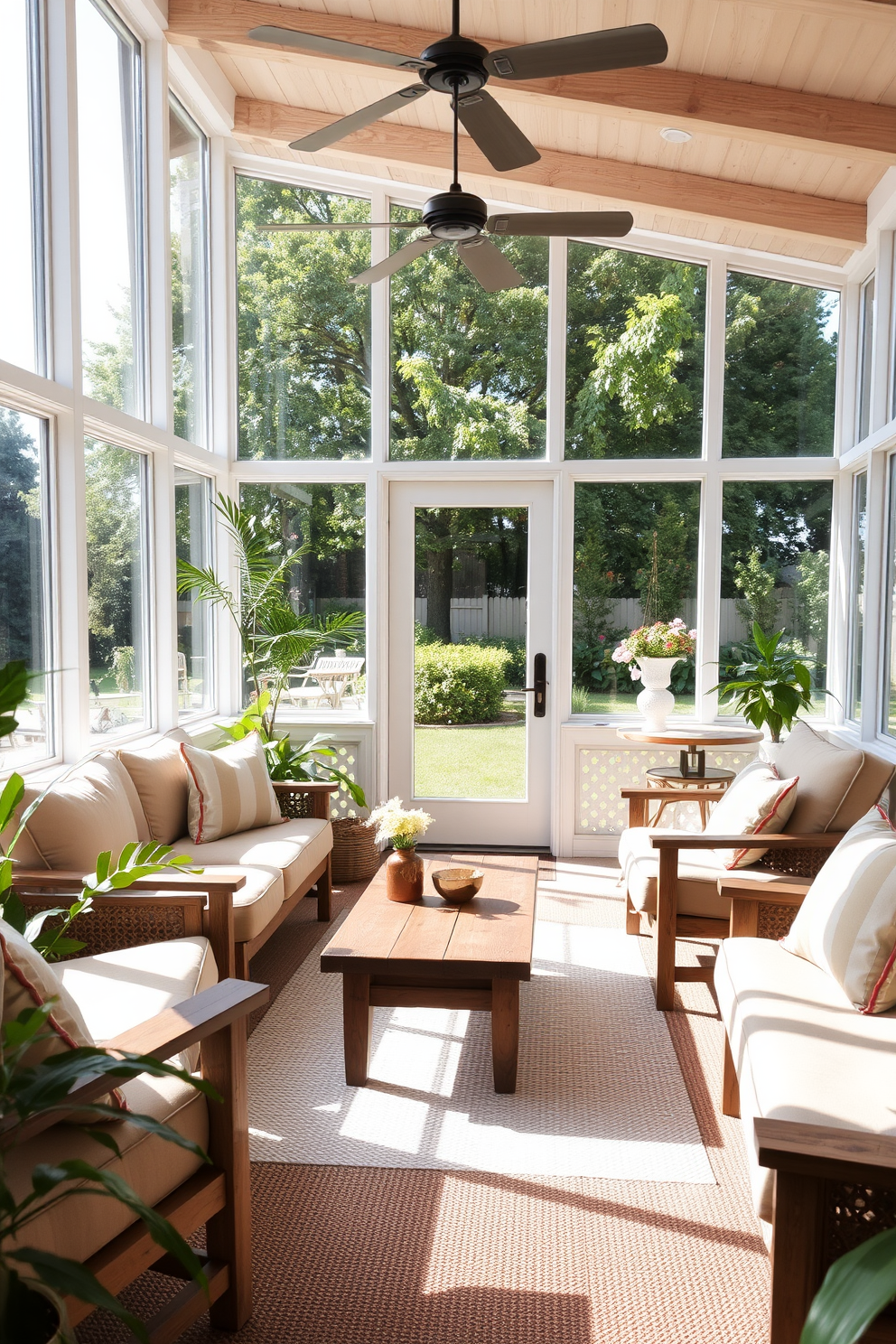 A bright and airy sunroom filled with natural light. The space features large windows that overlook a lush garden, allowing sunlight to filter through and create a warm atmosphere. Natural wood accents are incorporated throughout, including a rustic wooden coffee table and comfortable seating with wooden frames. Soft, earthy tones are used in the decor, complemented by green plants that bring a touch of nature indoors.