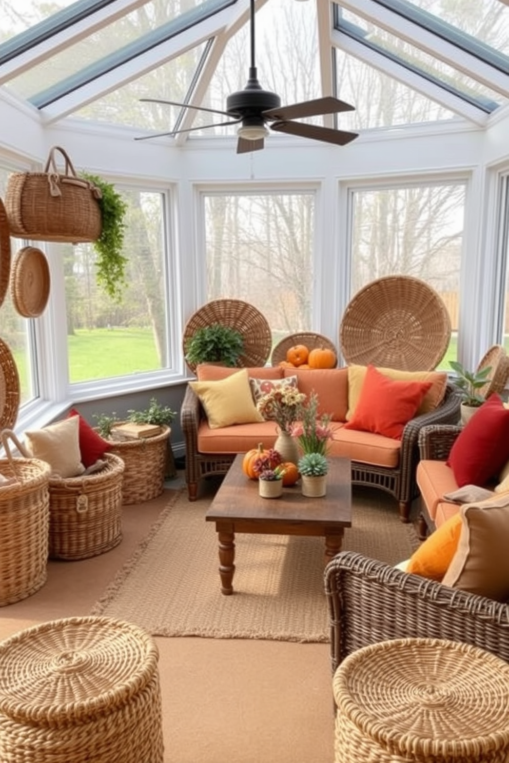 A cozy sunroom filled with natural light featuring woven baskets of various sizes used for both storage and decor. The baskets are placed strategically around the room, adding texture and warmth to the space while complementing the soft, earthy color palette of the furnishings. Plush seating arranged to encourage relaxation, with a mix of cushions in autumn hues of orange, yellow, and deep red. A wooden coffee table sits at the center, adorned with seasonal decorations and a few potted plants that bring a touch of nature indoors.