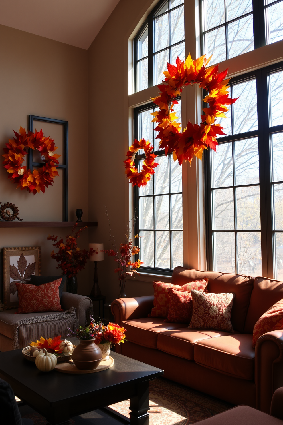 A cozy living room adorned with autumn-themed window wreaths made of vibrant leaves in shades of orange, red, and yellow. The wreaths are hung on large windows, allowing natural light to filter through and highlight the warm hues of fall.