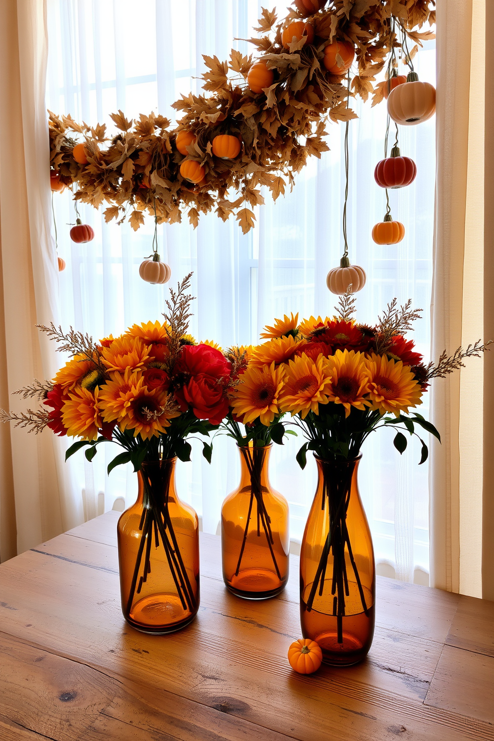 Floral arrangements in amber vases are displayed prominently on a rustic wooden table. The vibrant blooms in shades of orange, red, and yellow contrast beautifully with the warm amber glass, creating a cozy autumn atmosphere. Fall window decorating ideas include hanging garlands of dried leaves and small pumpkins in various sizes. Soft, sheer curtains frame the window, allowing natural light to filter through while enhancing the seasonal decor.