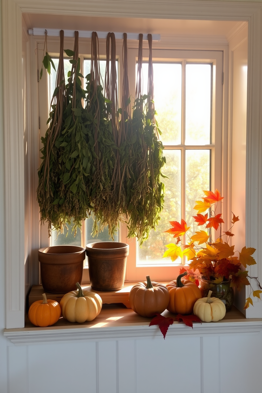 A cozy kitchen window adorned with hanging dried herbs in various shades of green and brown. The sunlight filters through, casting gentle shadows on the wooden windowsill where a few rustic pots sit. A charming autumn display featuring pumpkins and colorful leaves arranged around the window. Soft golden light enhances the warm tones, creating an inviting atmosphere for the fall season.