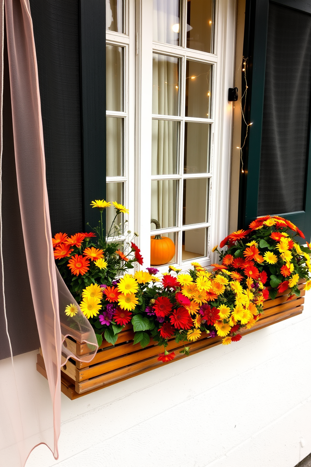 Colorful window boxes filled with vibrant seasonal flowers create a cheerful and inviting atmosphere. The boxes are made of rustic wood, showcasing a variety of blooms in rich autumn hues like orange, yellow, and deep red. Surrounding the window, delicate sheer curtains flutter gently in the breeze. The window itself is adorned with decorative elements such as a small pumpkin and a string of fairy lights for added warmth and charm.