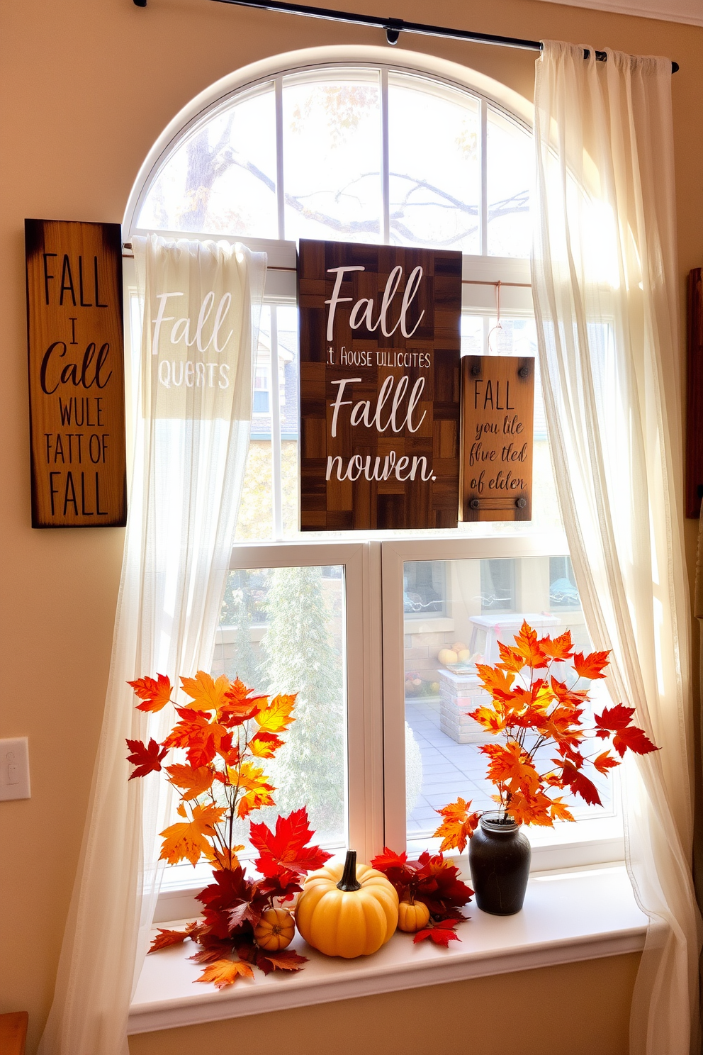 Decorative wooden signs featuring fall quotes adorn the walls of a cozy living room. The warm tones of the wood complement the autumn-themed decor, creating a welcoming atmosphere. The windows are elegantly dressed with sheer curtains that gently filter the sunlight. Vibrant fall leaves and small pumpkins are arranged on the window sill, enhancing the seasonal charm.