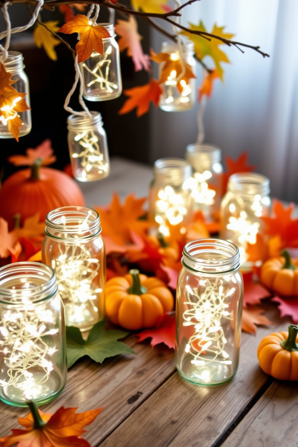 Twinkling fairy lights are nestled inside an array of glass jars, creating a warm and inviting ambiance. These jars are placed on a rustic wooden table, surrounded by autumn leaves and small pumpkins to enhance the fall theme. The soft glow of the lights contrasts beautifully with the rich colors of the season. A few jars are suspended from branches, adding a whimsical touch to the overall decor.