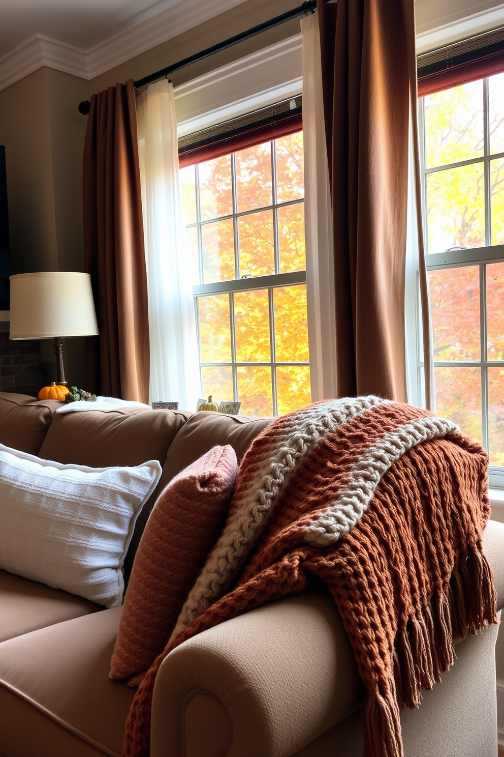 Layered textures create a cozy atmosphere in a fall-inspired living room. A plush sofa adorned with knitted throws in warm hues complements the rich colors of autumn leaves outside. Decorate the windows with sheer curtains that gently filter sunlight, showcasing the vibrant fall scenery. Add decorative elements like small pumpkins and seasonal foliage on the windowsill for a festive touch.