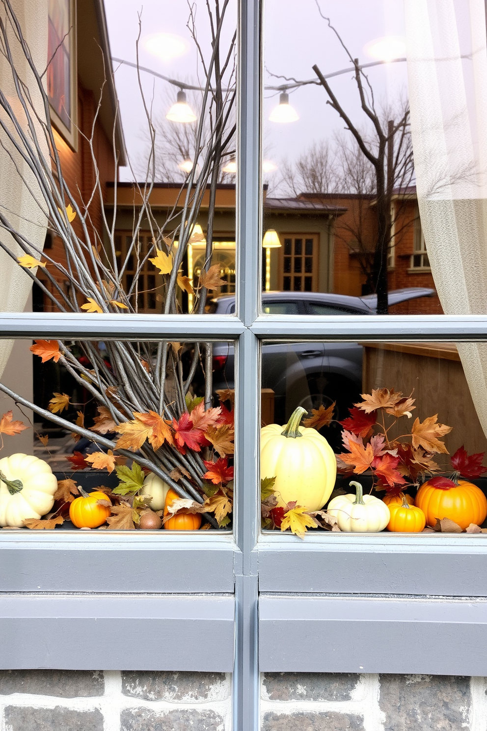 A cozy fall window display featuring natural elements like twigs and branches. The window is adorned with a mix of colorful autumn leaves and small pumpkins, creating a warm and inviting atmosphere.