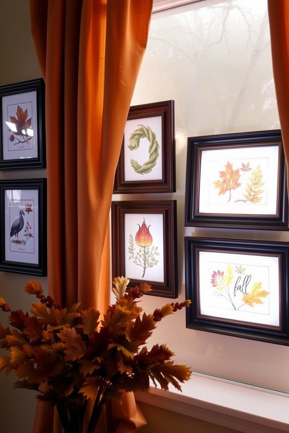 Create a cozy fall window display featuring seasonal art prints in elegant window frames. The window is adorned with warm-toned curtains that complement the autumnal colors of the prints.