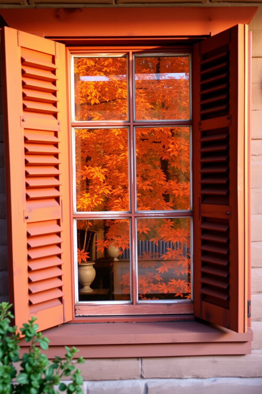 A charming window adorned with rustic shutters painted in warm autumn hues. The shutters frame a view of vibrant fall foliage, creating a cozy and inviting atmosphere.