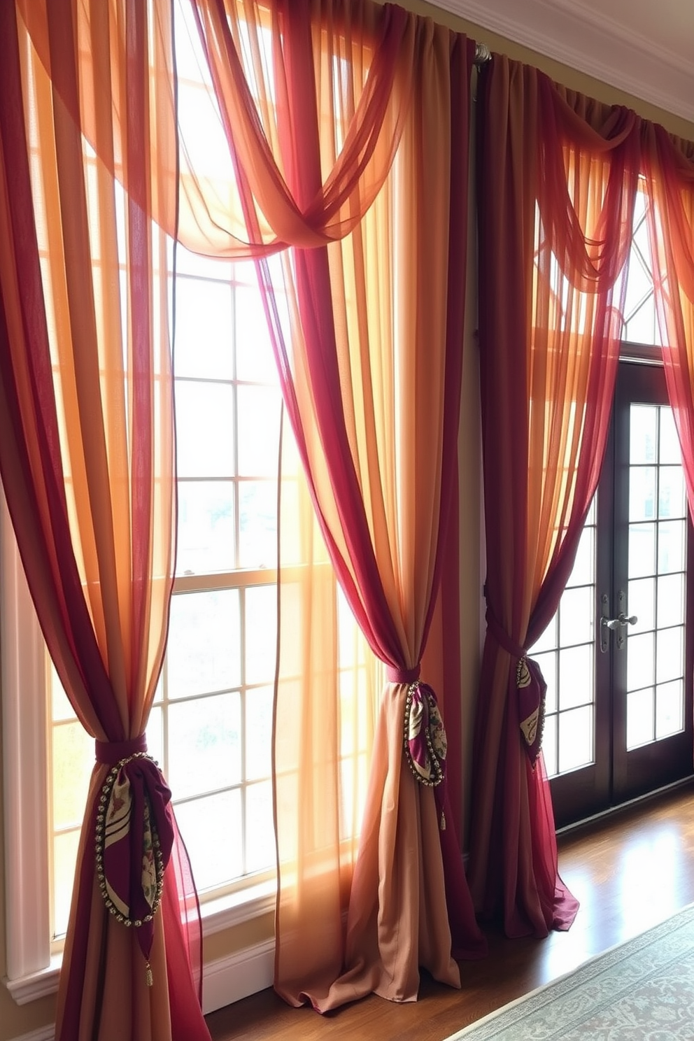 Layered sheer curtains in rich tones gracefully drape over large windows, allowing soft light to filter through and create a warm ambiance. The curtains are complemented by decorative tiebacks in contrasting colors, enhancing the overall elegance of the fall window decorating theme.