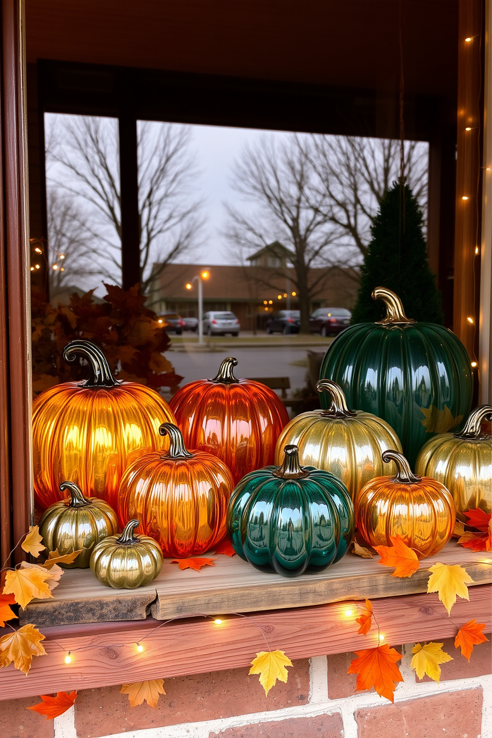 A cozy window display featuring a collection of glass pumpkins in various sizes and colors. The pumpkins are arranged on a rustic wooden ledge, complemented by autumn leaves and soft fairy lights for a warm ambiance.