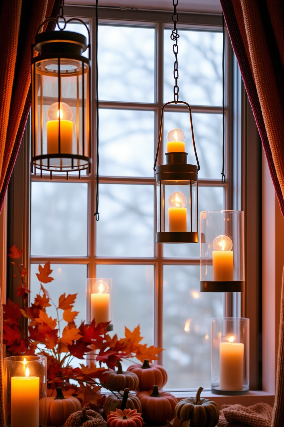 Hanging lanterns adorned with flickering candles create a warm and inviting atmosphere. The soft glow of the candles illuminates the space, enhancing the beauty of fall-themed decorations. Colorful autumn leaves and small pumpkins are arranged around the lanterns, adding a seasonal touch. The window is framed with rich, textured fabrics in warm hues, complementing the overall cozy aesthetic.