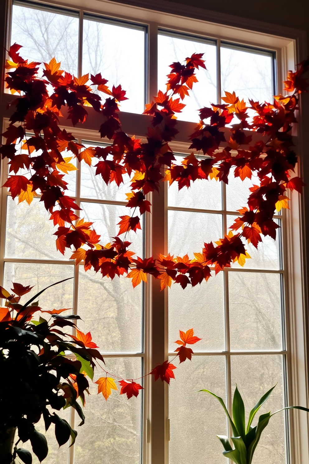 Vibrant leaf garlands draped across windows create a warm and inviting atmosphere for fall. The rich colors of the leaves contrast beautifully with the soft natural light streaming through the glass, enhancing the seasonal charm of the space.