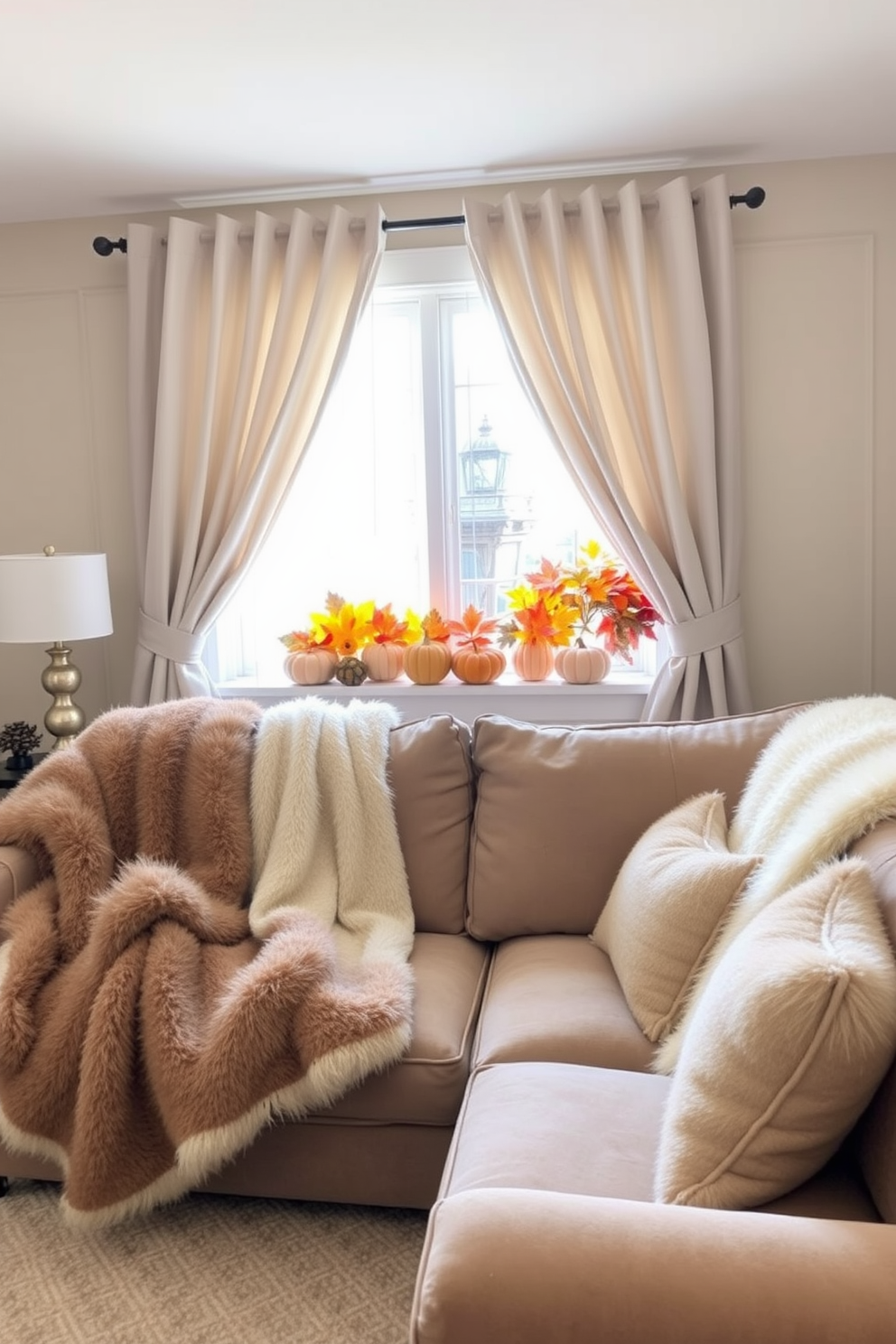 A cozy living room adorned with faux fur throws draped over a plush sectional sofa. The throws are in soft neutral tones, inviting a warm and inviting atmosphere. A beautifully decorated window featuring seasonal fall accents. The window is framed with sheer curtains, and vibrant autumn leaves and pumpkins are arranged on the sill, creating a festive display.