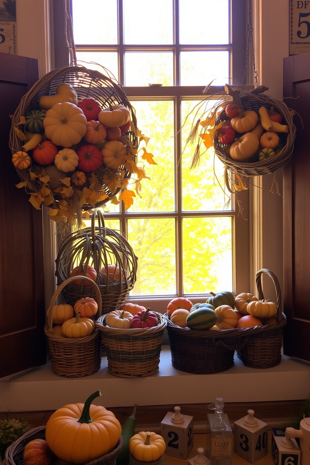 A cozy window display adorned with rustic baskets overflowing with colorful gourds. The warm autumn sunlight filters through the window, casting a gentle glow on the natural textures of the baskets and the vibrant hues of the gourds.