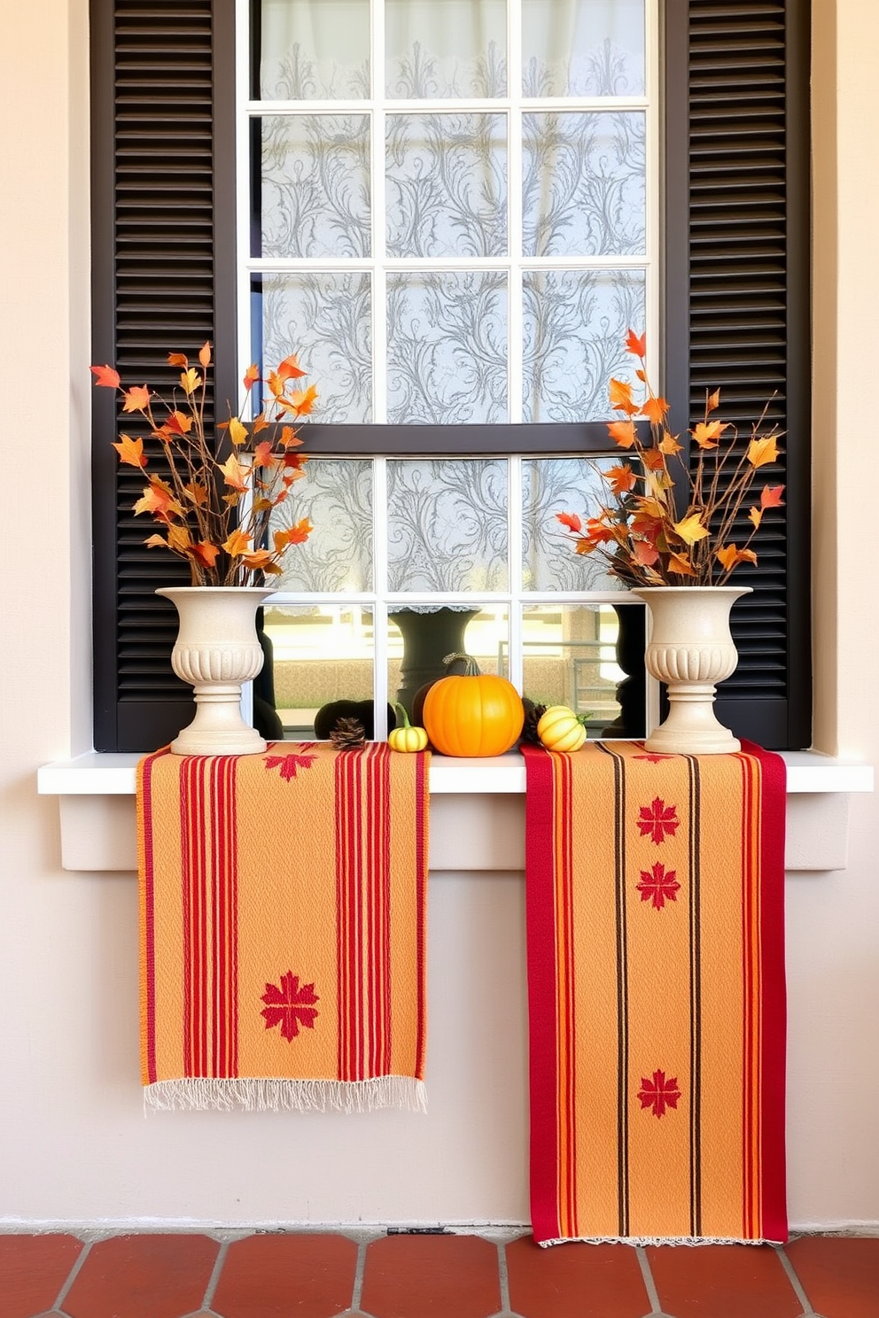 Create a cozy autumn-inspired window display featuring seasonal table runners draped elegantly over the ledges. Incorporate warm colors like burnt orange, deep red, and golden yellow, along with small decorative pumpkins and pinecones to enhance the fall theme.