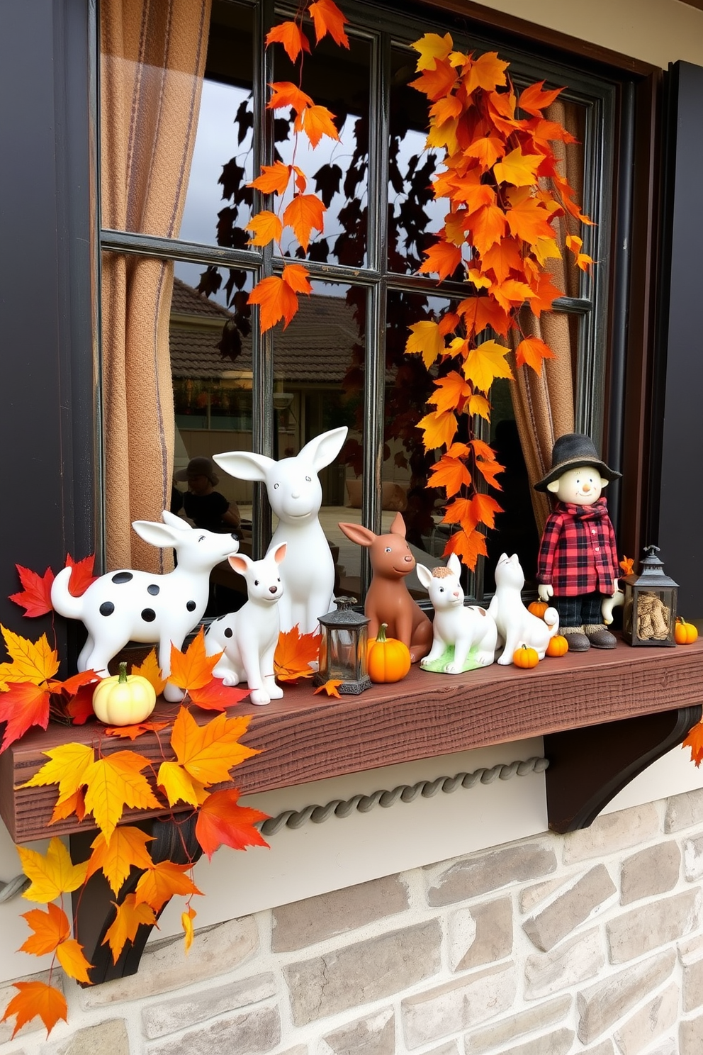 Charming ceramic animals arranged playfully on a rustic wooden shelf. Surround them with autumn leaves and small pumpkins to enhance the whimsical touch. Fall window decorating ideas featuring vibrant orange and yellow leaves cascading down the glass. Add cozy plaid curtains and a few scarecrow figurines for a seasonal charm.