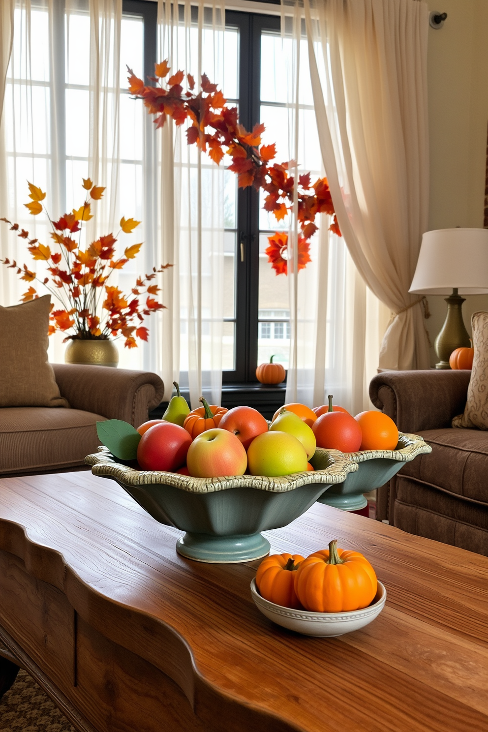 A cozy living room adorned with decorative bowls filled with seasonal fruits like apples, pears, and oranges. The bowls are placed on a rustic wooden coffee table, enhancing the warm ambiance of the space. The window features elegant fall decorations, including a garland of autumn leaves and small pumpkins. Soft, sheer curtains allow natural light to filter in, creating a welcoming atmosphere.