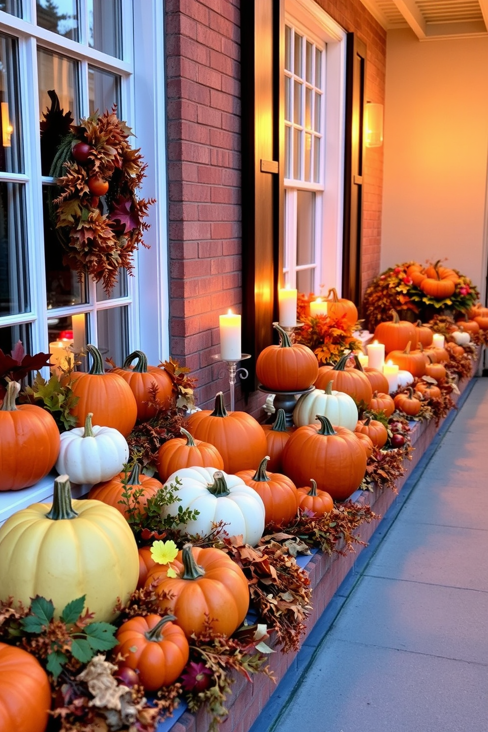 Pumpkin displays on window sills create a warm and inviting atmosphere for the fall season. Each sill is adorned with a variety of pumpkins in different sizes and colors, complemented by seasonal foliage and candles.