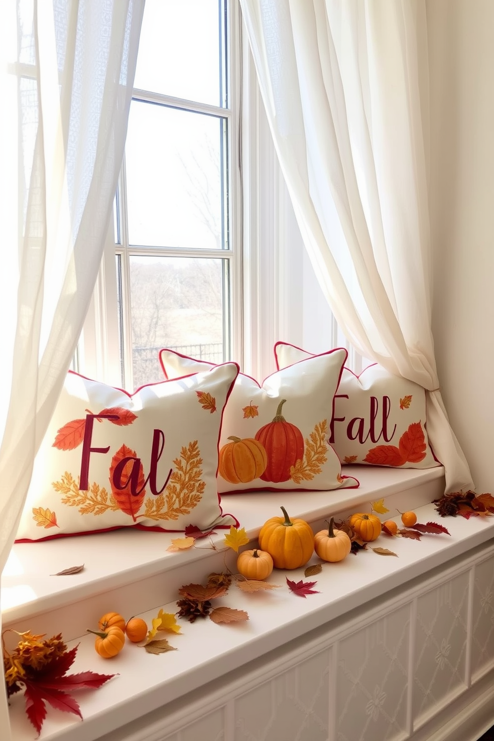 Soft pillows with fall motifs are arranged on the window sills, creating a cozy and inviting atmosphere. The vibrant colors of the pillows complement the natural light streaming in, enhancing the warmth of the space. Autumn leaves and small pumpkins are artfully placed around the window, adding seasonal charm. Sheer curtains gently frame the window, allowing for a soft diffusion of light that highlights the fall decor.