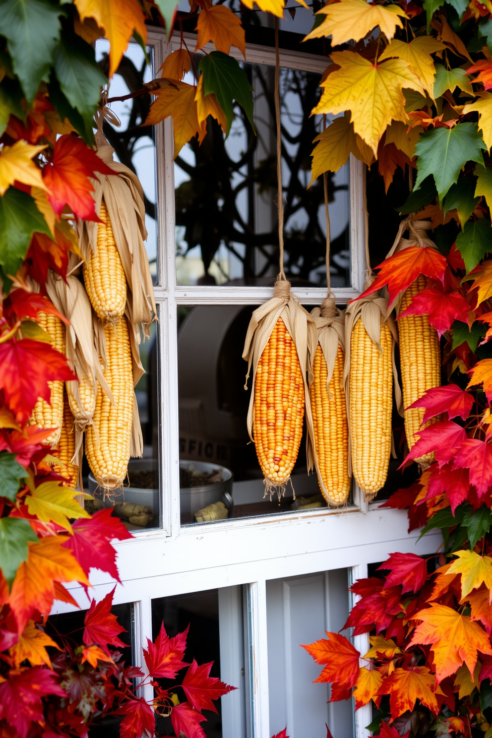 A charming window display featuring hanging corn husks that evoke a sense of rustic warmth. The vibrant colors of autumn leaves surround the window, creating a cozy and inviting atmosphere.