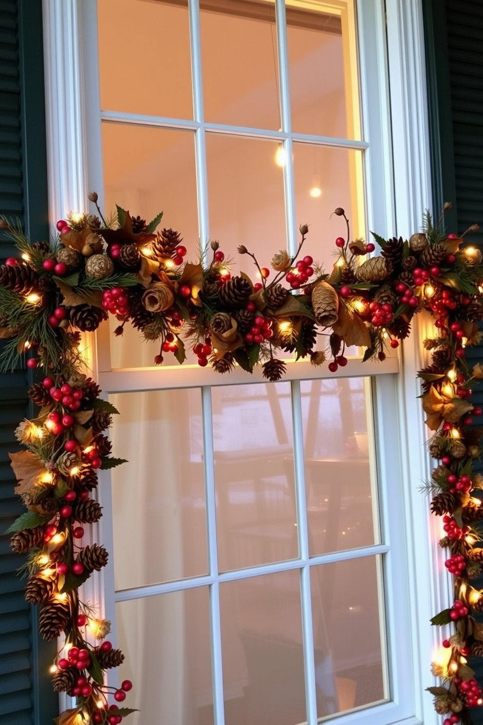 A cozy window display adorned with seasonal garlands of pinecones and berries creates a warm autumn atmosphere. The garlands drape elegantly across the window frame, complemented by soft, ambient lighting that highlights the rich colors of the season.