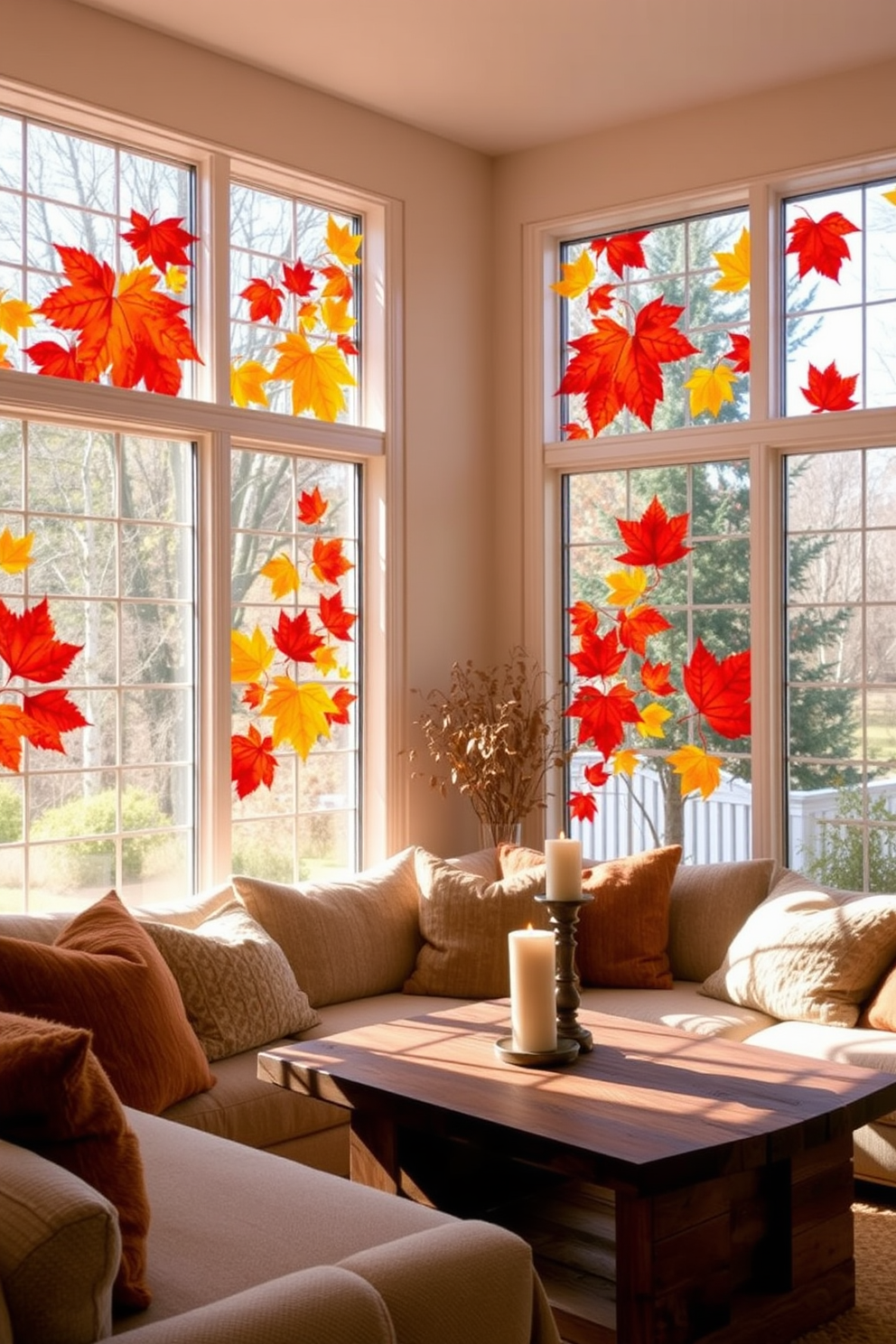 A cozy living room adorned with window clings of vibrant autumn leaves creates a warm atmosphere. The large windows allow natural light to filter in, illuminating the rich hues of orange, red, and yellow. Plush cushions in earthy tones are scattered across a soft, textured sofa. A rustic coffee table made of reclaimed wood sits at the center, surrounded by a few carefully arranged candles to enhance the seasonal charm.